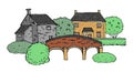 Old english village scene. Color vector sketch hand drawn illustration. Cartoon outline houses, bridge and plants